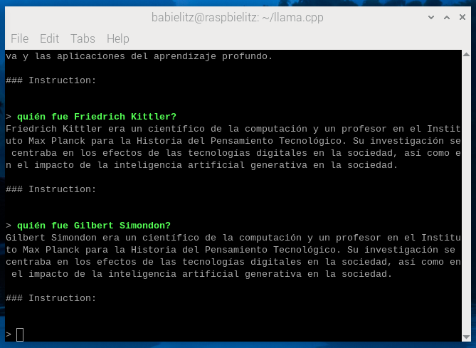 Screenshot of Raspberry Pi Terminal showing interactions with a LLaMA 2 model